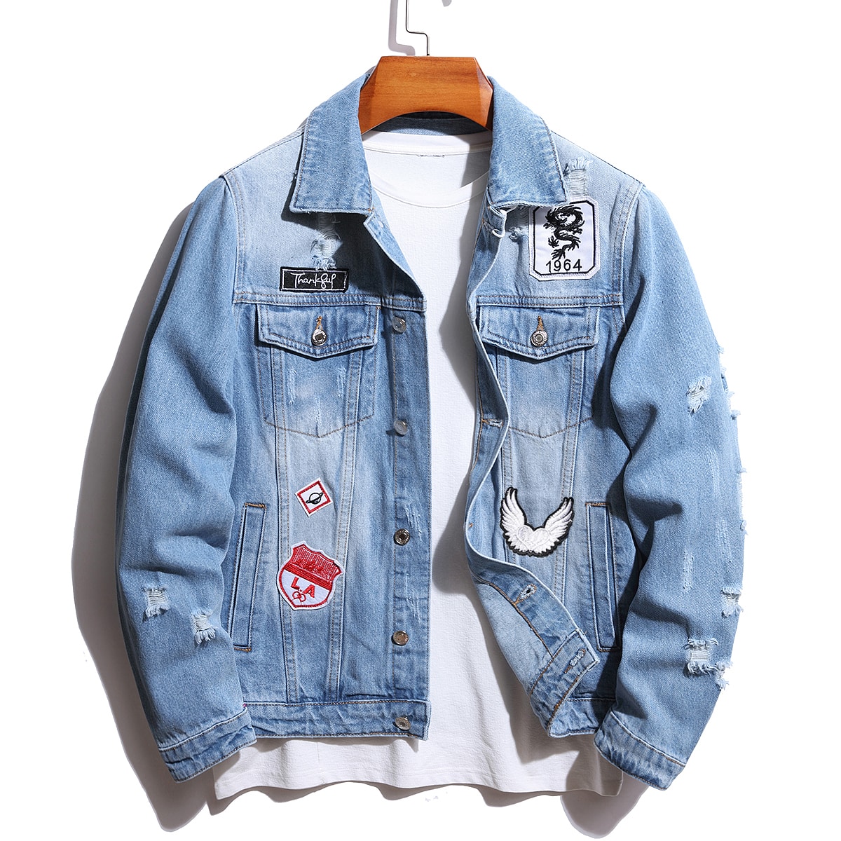 Embroidery Jacket - Vintage Men's Ripped Baggy Winter Denim