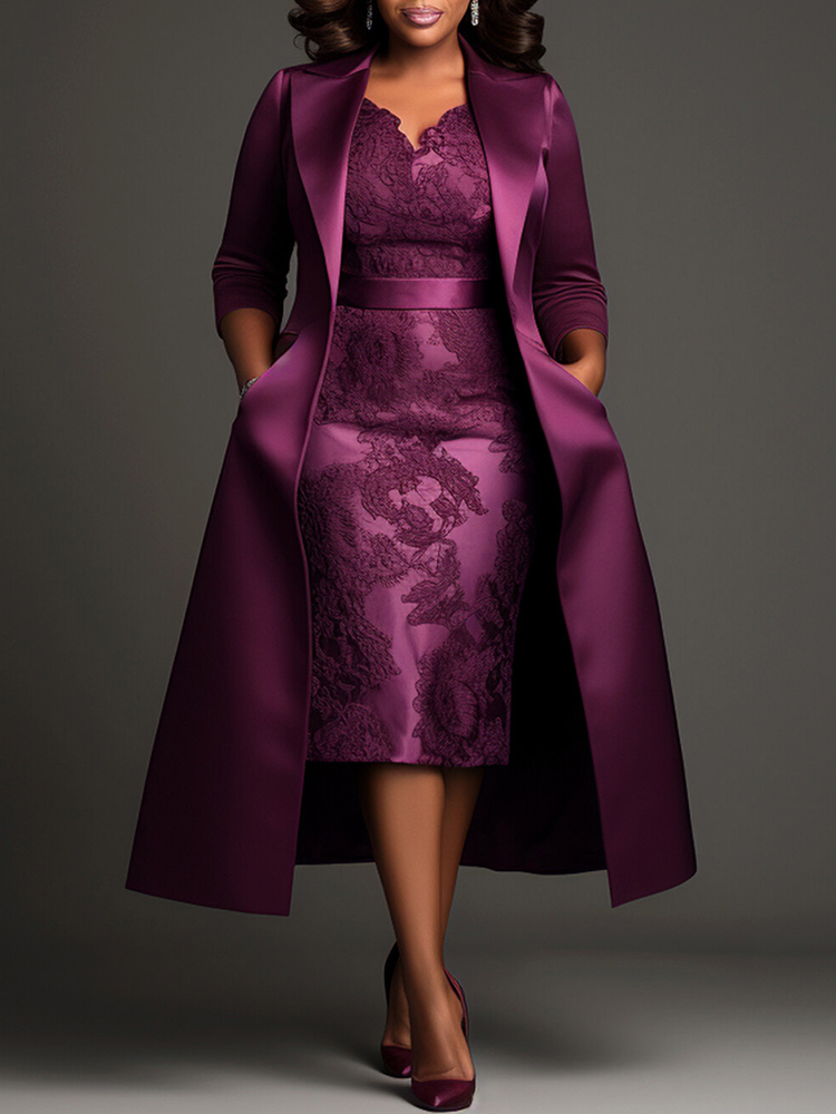 Embroidery Jacket - Women Plus Size Satin Midi-Length Jacket