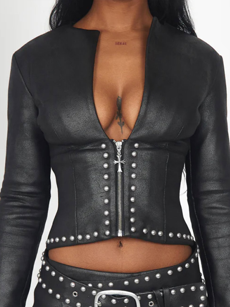 Fashion Rivet Decor Pu Leather - огляд і ціна Embroidery Jacket